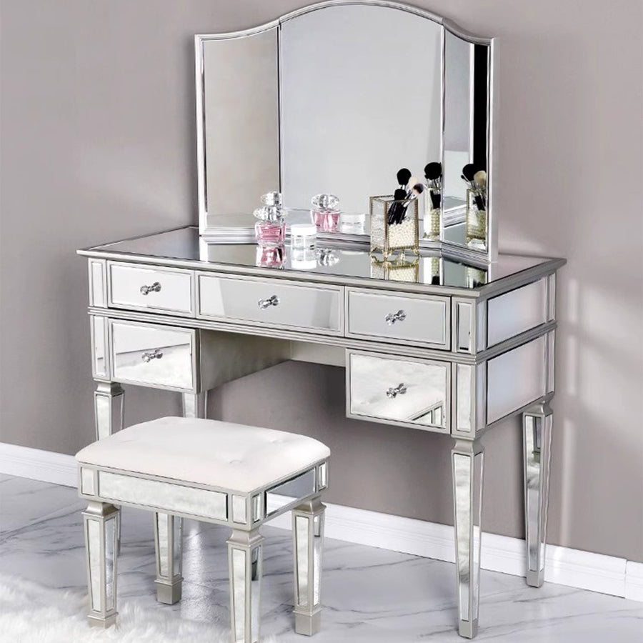 Elegant Mirrored Vanity Set with 5 Drawer Dresser Table, Mirror & Stool Present Them