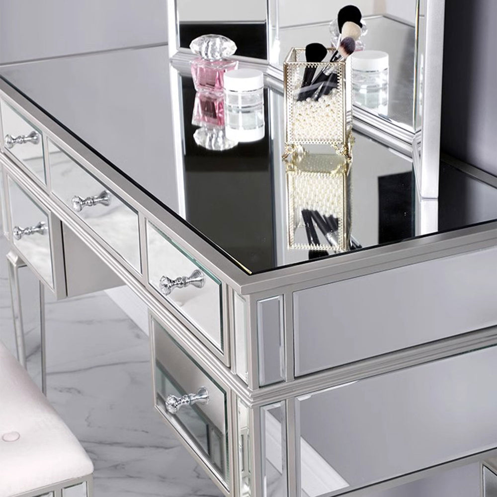 Elegant Mirrored Vanity Set with 5 Drawer Dresser Table, Mirror & Stool Present Them