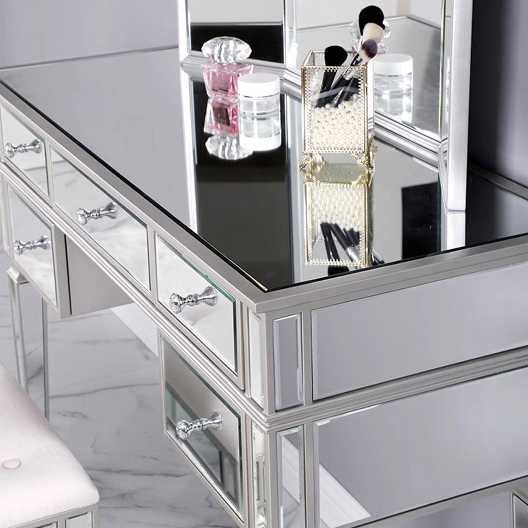Elegant Mirrored Vanity Set with 5 Drawer Dresser Table, Mirror & Stool Present Them