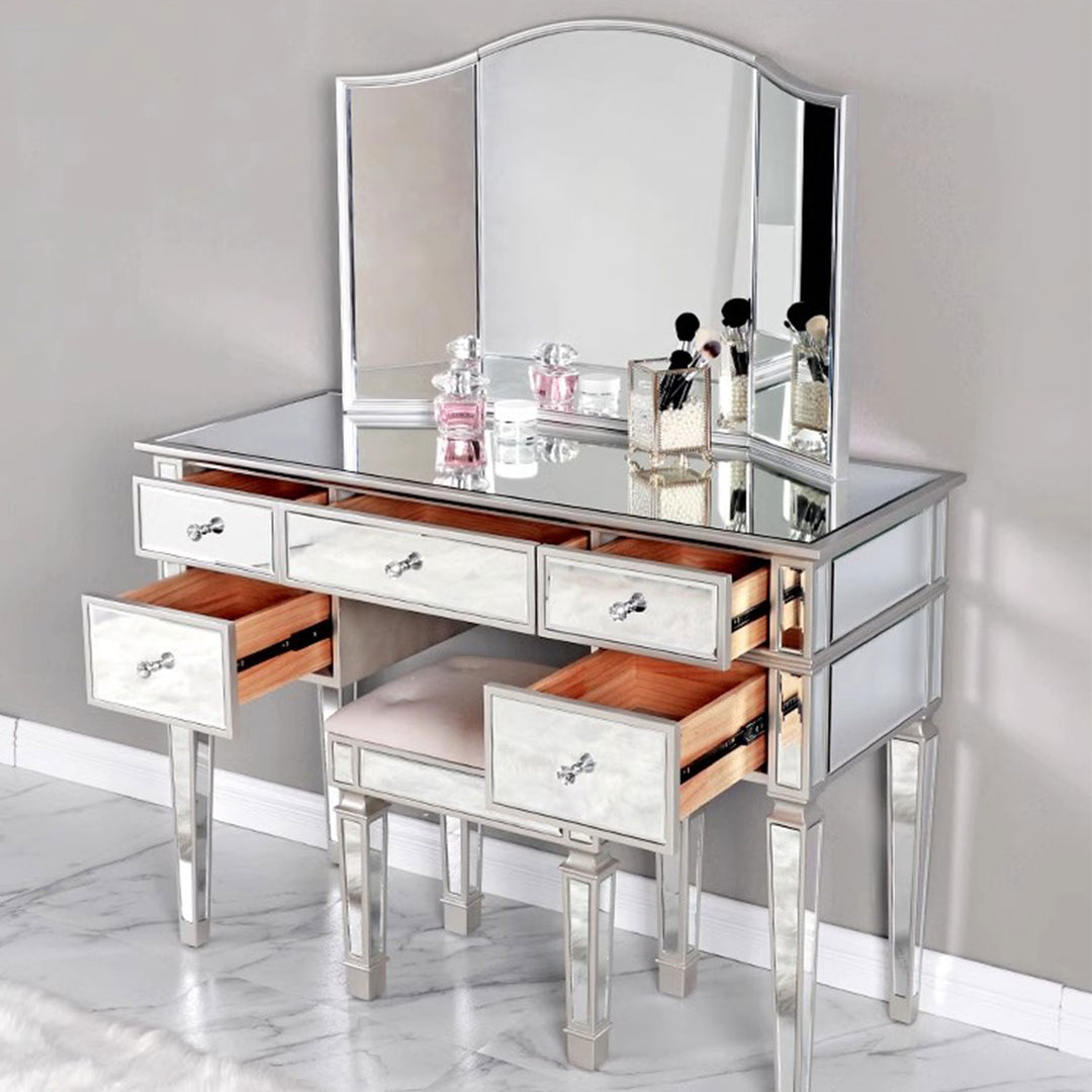 Elegant Mirrored Vanity Set with 5 Drawer Dresser Table, Mirror & Stool Present Them