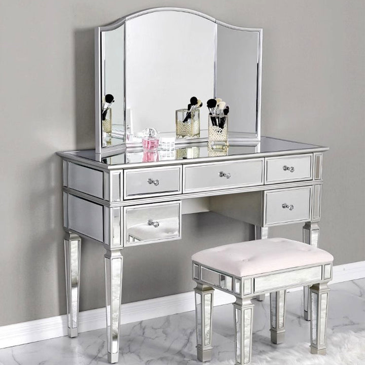 Elegant Mirrored Vanity Set with 5 Drawer Dresser Table, Mirror & Stool Present Them