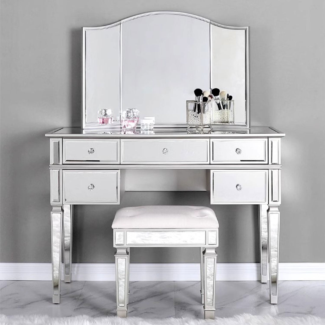Elegant Mirrored Vanity Set with 5 Drawer Dresser Table, Mirror & Stool Present Them