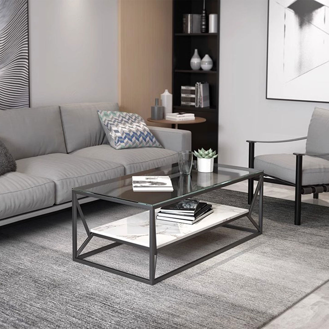 MAS-1392 Masdio Modern Glass Top Coffee Table with Marble Shelf Masdio