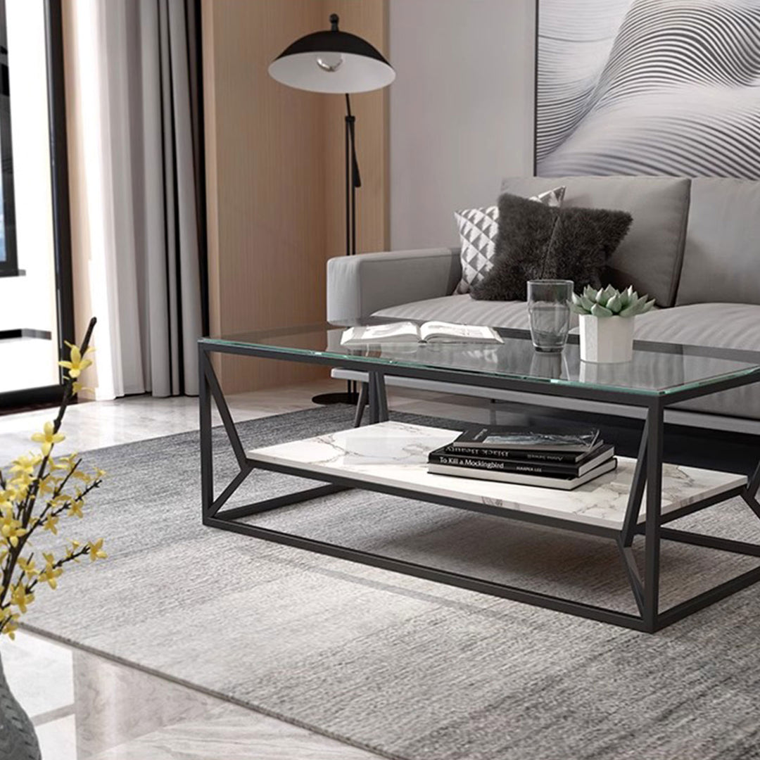 MAS-1392 Masdio Modern Glass Top Coffee Table with Marble Shelf Masdio