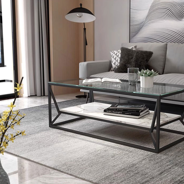 MAS-1392 Masdio Modern Glass Top Coffee Table with Marble Shelf Masdio