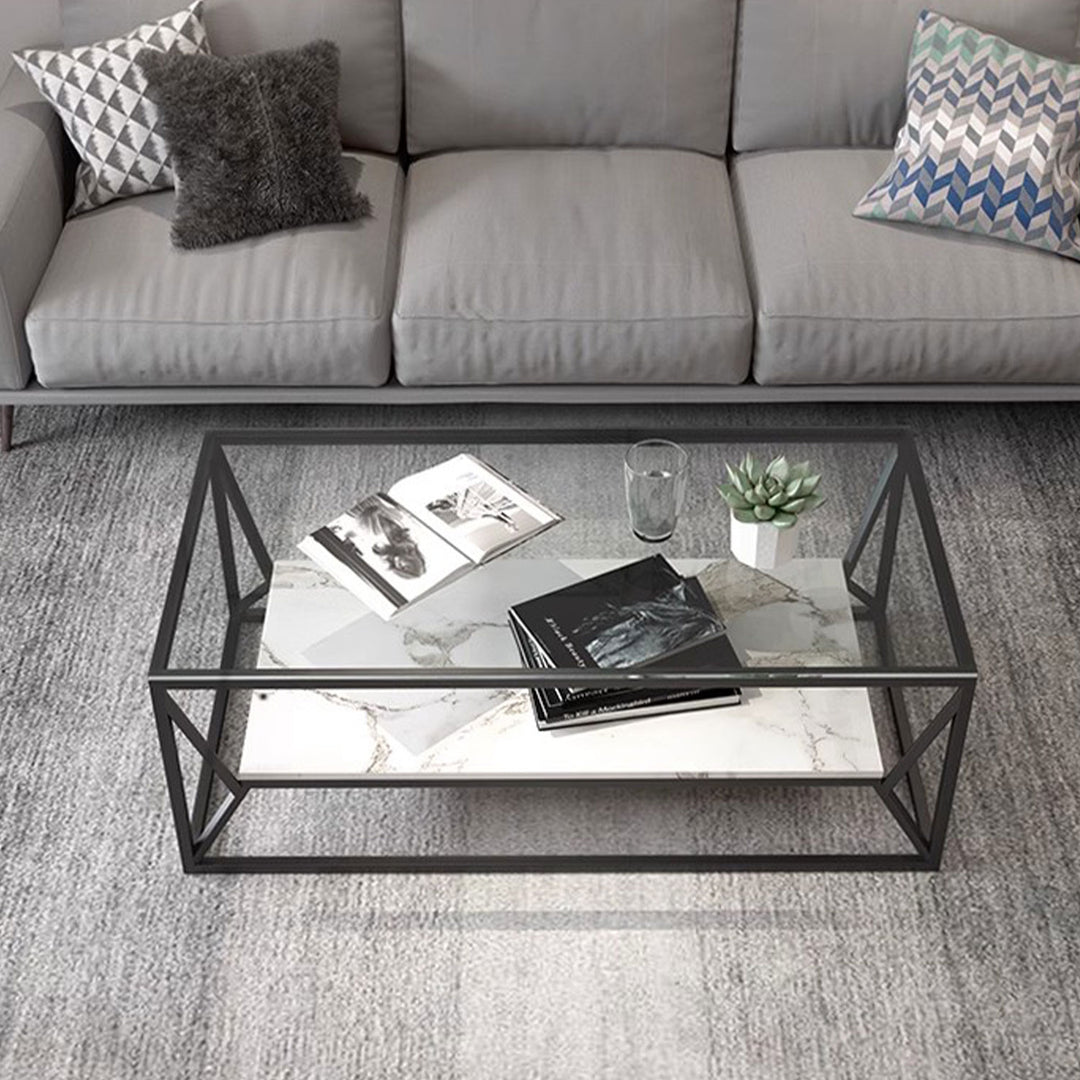 MAS-1392 Masdio Modern Glass Top Coffee Table with Marble Shelf Masdio