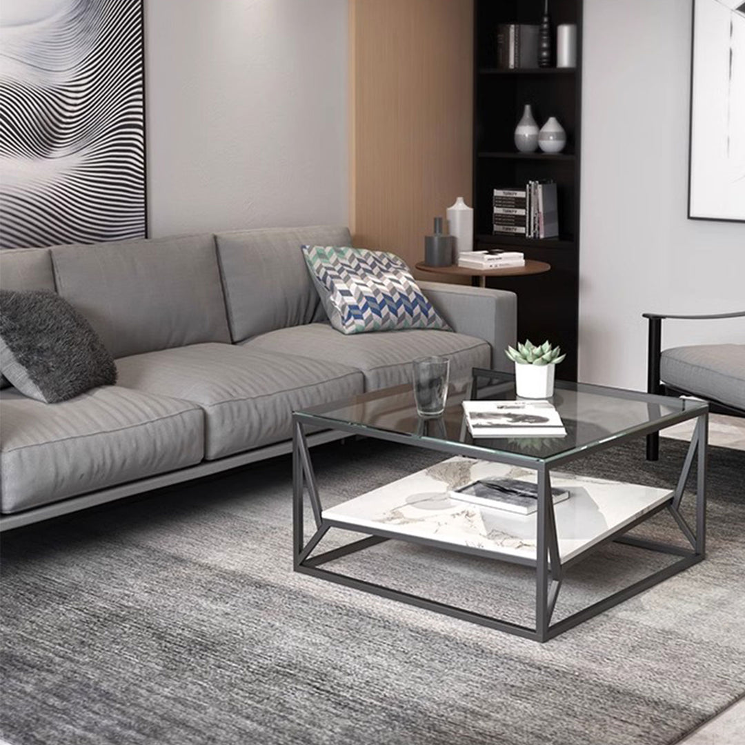 MAS-1392 Masdio Modern Glass Top Coffee Table with Marble Shelf Masdio