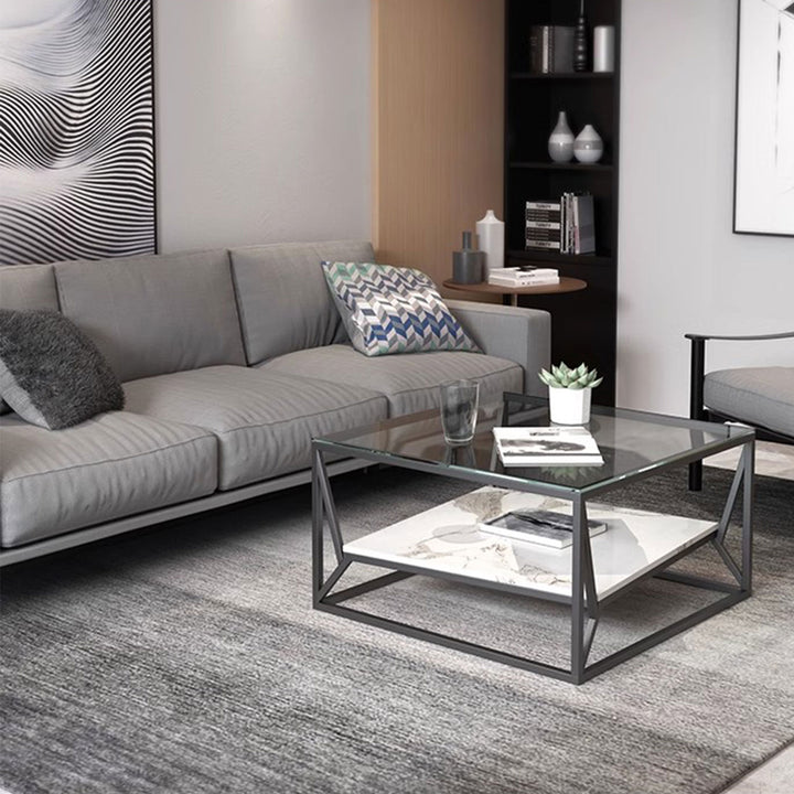 MAS-1392 Masdio Modern Glass Top Coffee Table with Marble Shelf Masdio