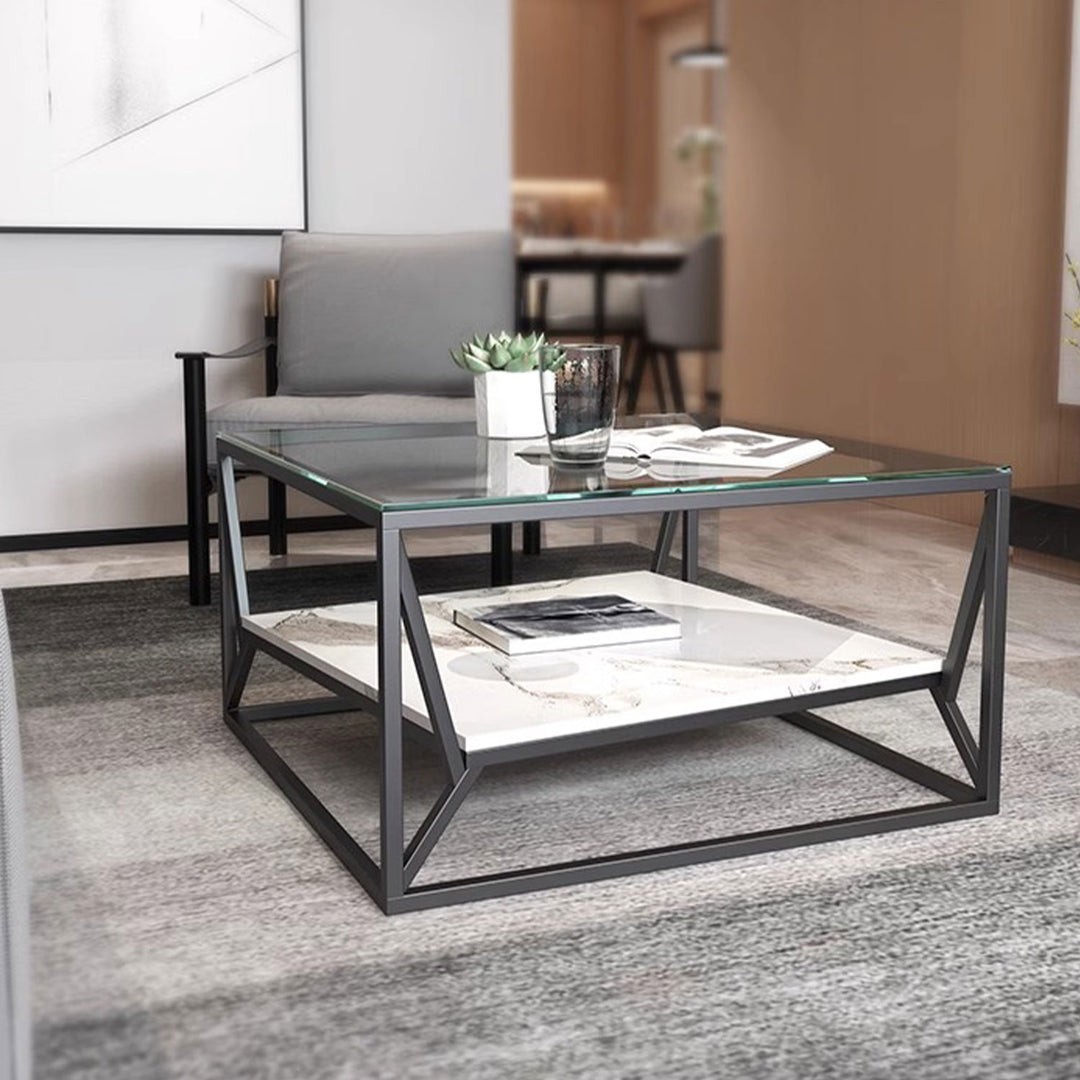 MAS-1392 Masdio Modern Glass Top Coffee Table with Marble Shelf Masdio