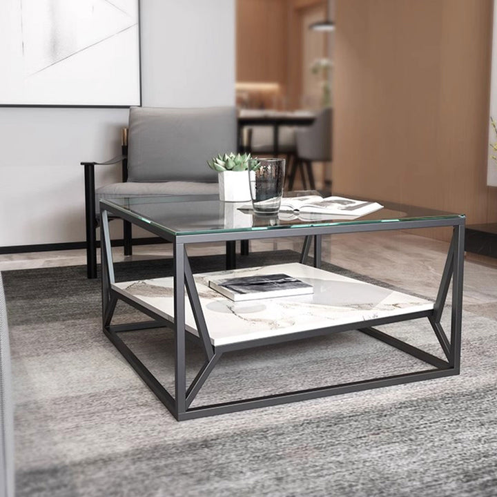 MAS-1392 Masdio Modern Glass Top Coffee Table with Marble Shelf Masdio