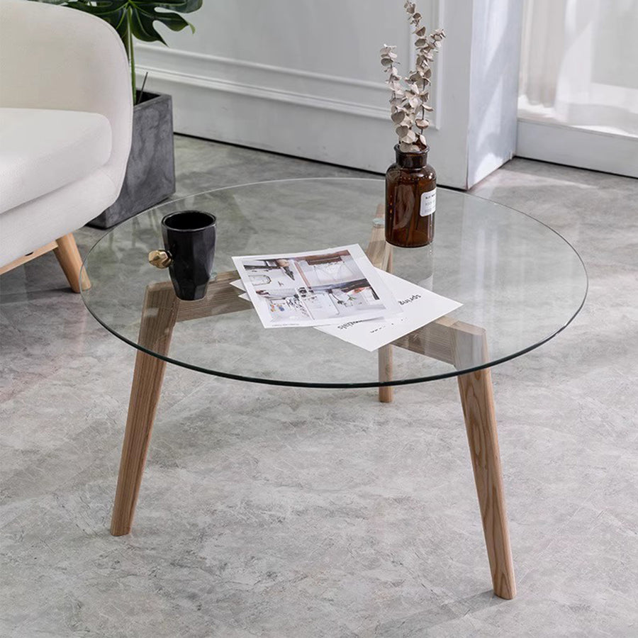 MAS-1372 Masdio Round Glass Solid Wood Coffee Table Masdio