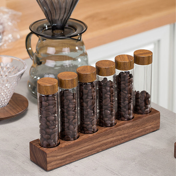 Walnut Wood Coffee Bean Canister Display Stand with High Borosilicate Glass Vials Present Them
