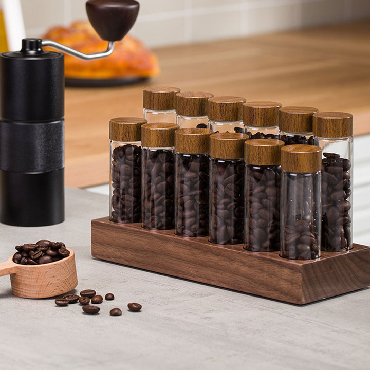 Walnut Wood Coffee Bean Canister Display Stand with High Borosilicate Glass Vials Present Them