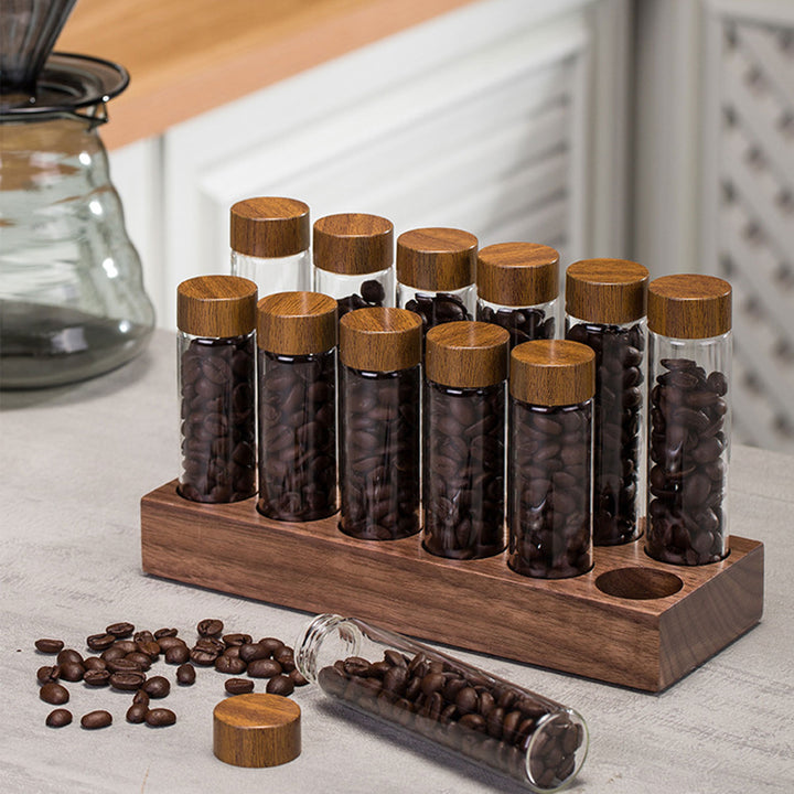 Walnut Wood Coffee Bean Canister Display Stand with High Borosilicate Glass Vials Present Them