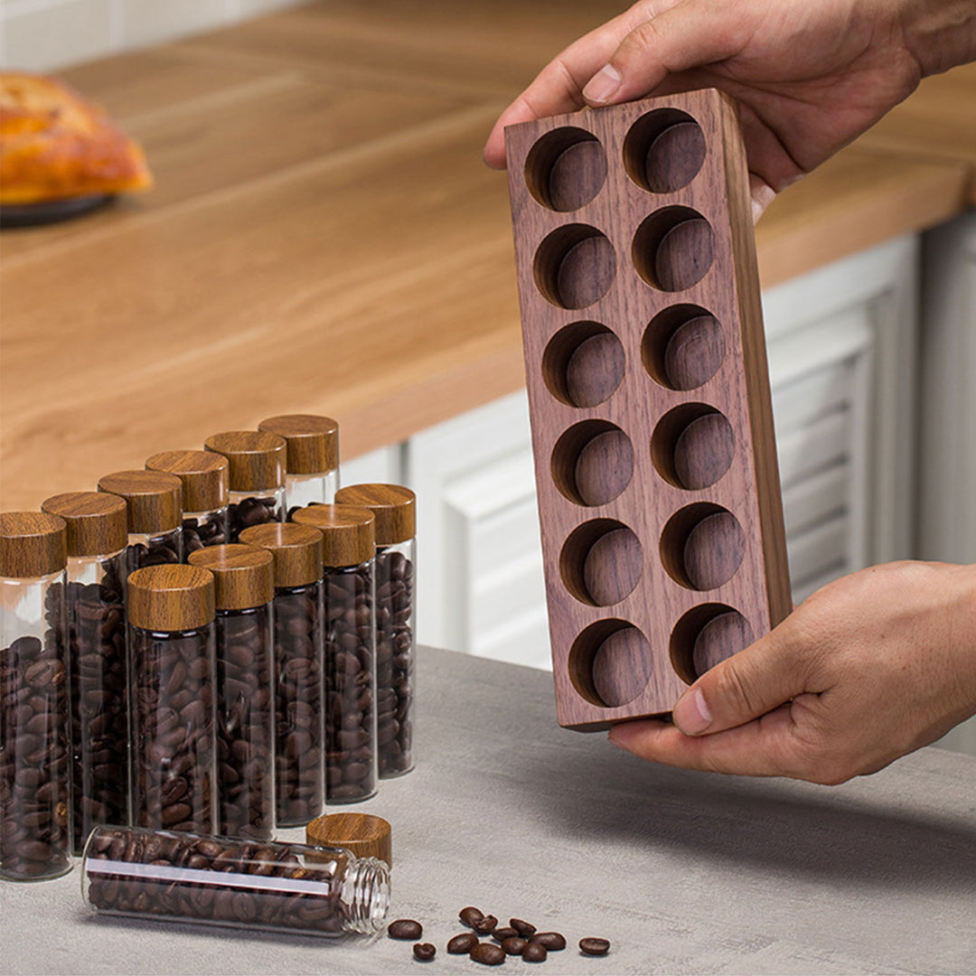 Walnut Wood Coffee Bean Canister Display Stand with High Borosilicate Glass Vials Present Them