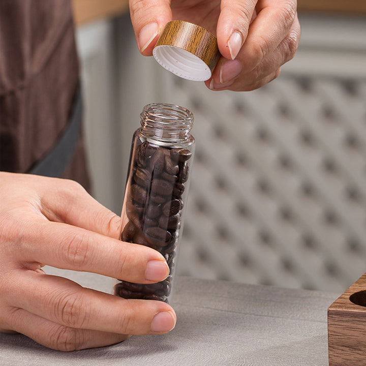 Walnut Wood Coffee Bean Canister Display Stand with High Borosilicate Glass Vials Present Them