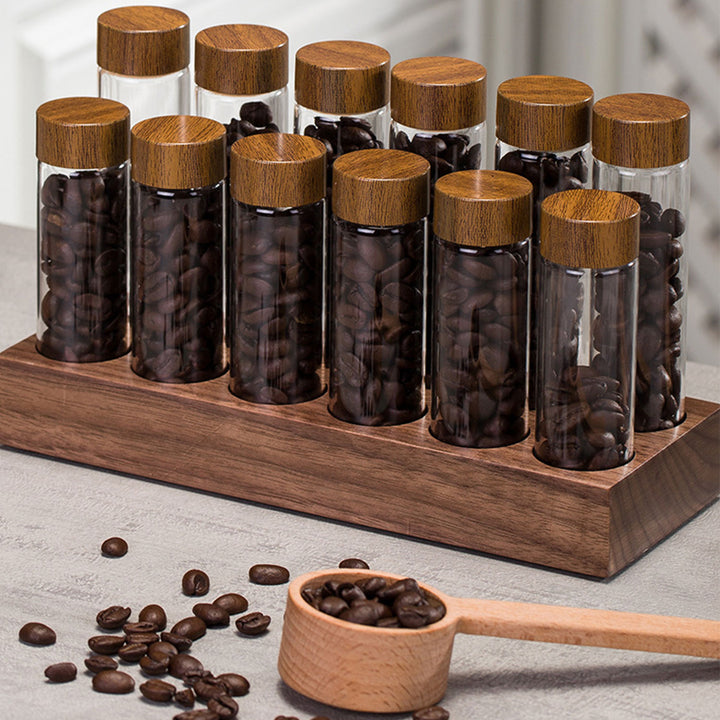 Walnut Wood Coffee Bean Canister Display Stand with High Borosilicate Glass Vials Present Them