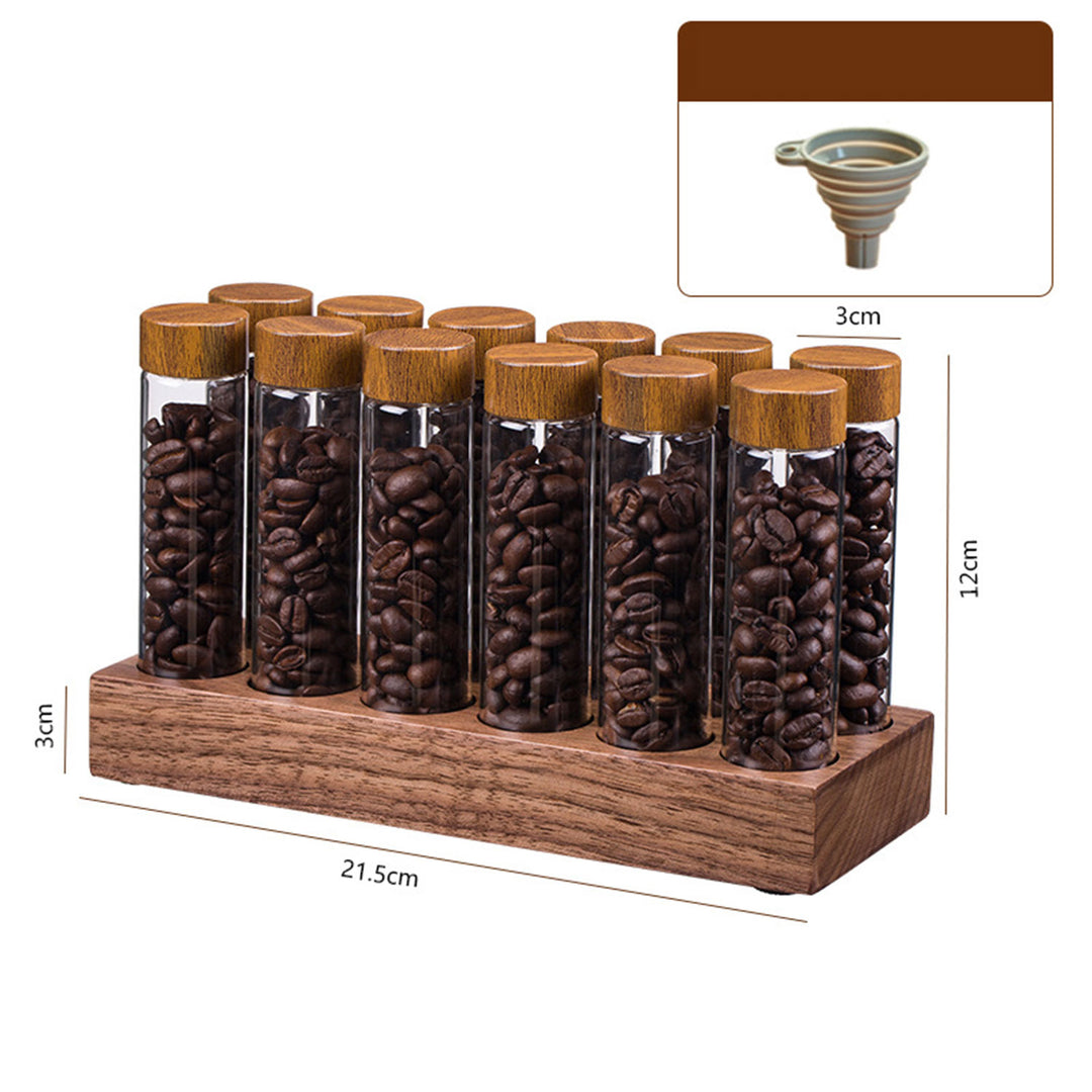 Walnut Wood Coffee Bean Canister Display Stand with High Borosilicate Glass Vials Present Them