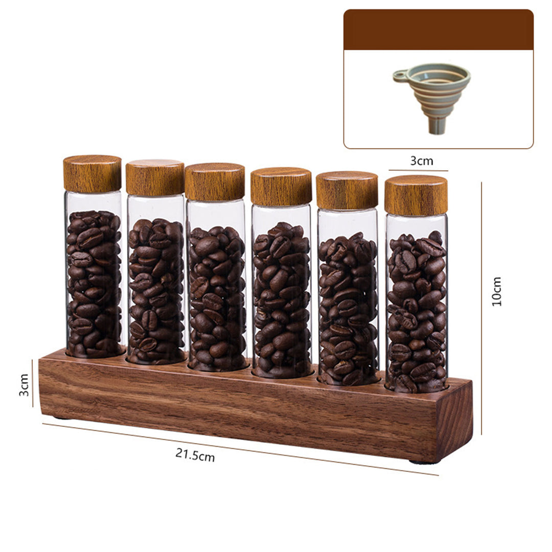 Walnut Wood Coffee Bean Canister Display Stand with High Borosilicate Glass Vials Present Them