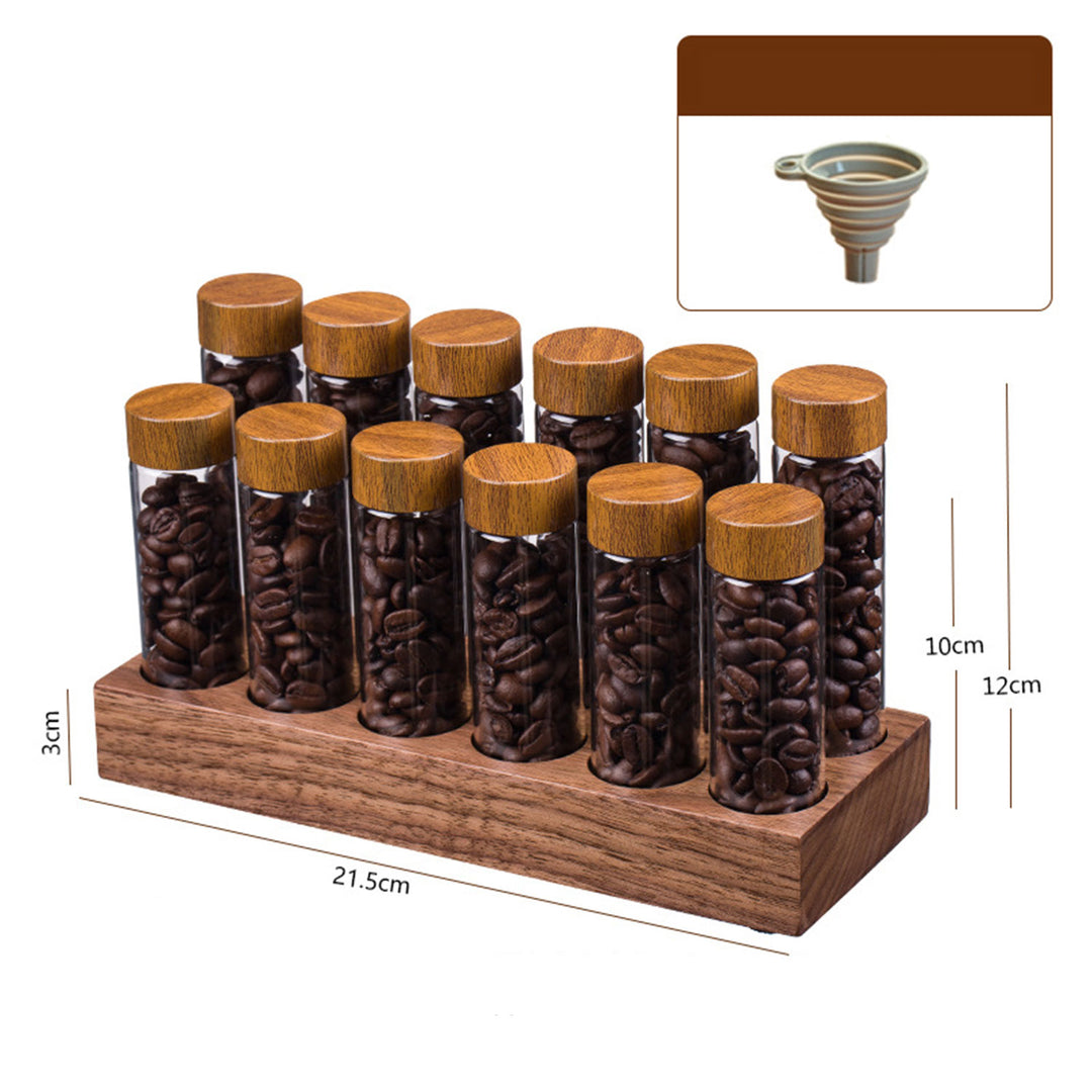 Walnut Wood Coffee Bean Canister Display Stand with High Borosilicate Glass Vials Present Them