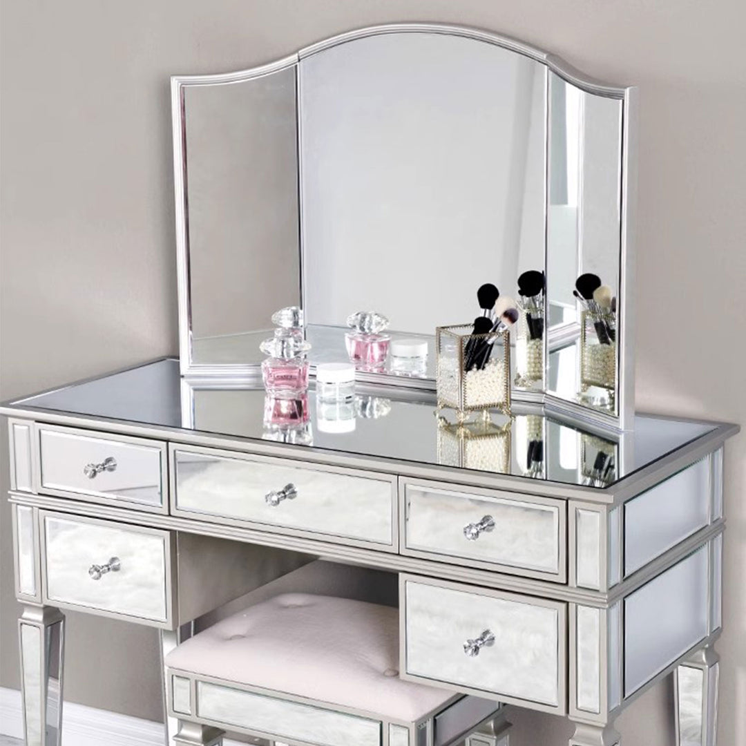 Elegant Mirrored Vanity Set with 5 Drawer Dresser Table, Mirror & Stool