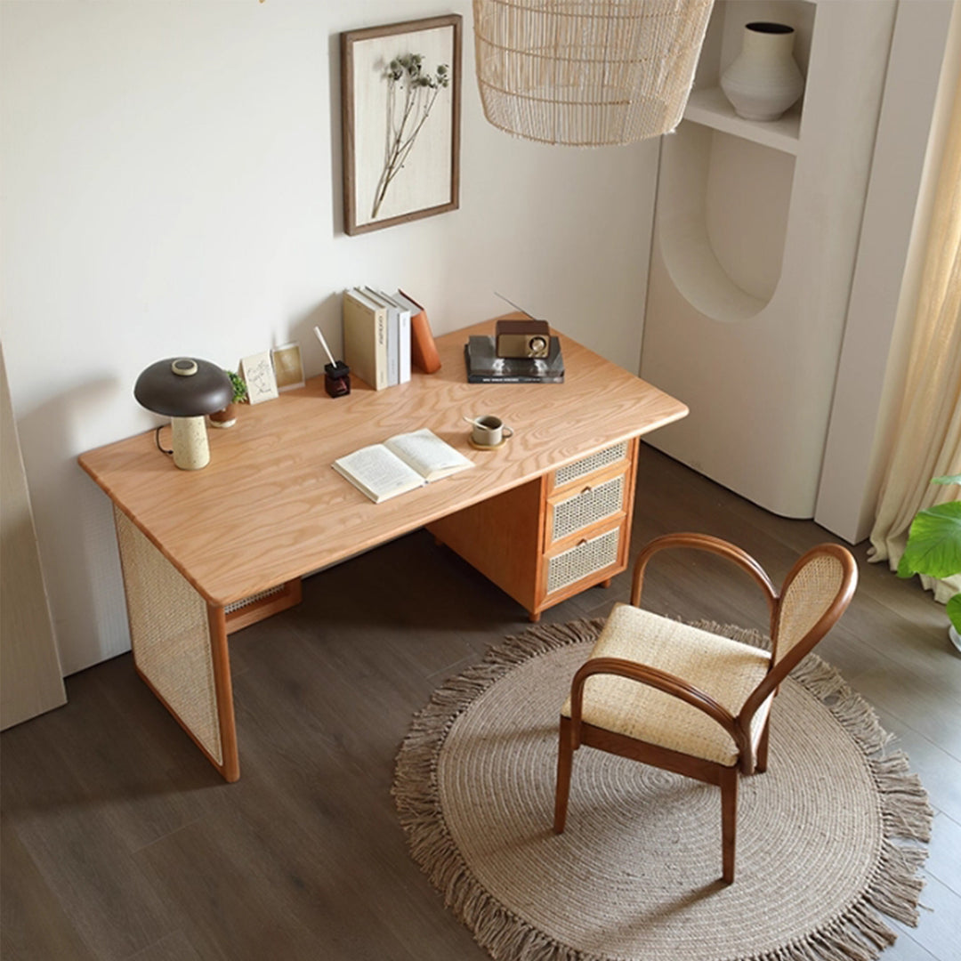 MAS-3314 Masdio Solid Ash Wood Rattan Study Table