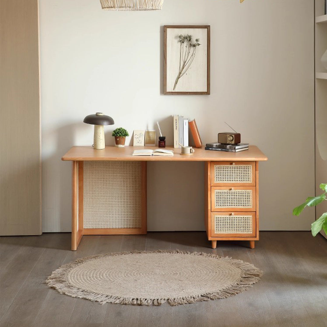 MAS-3314 Masdio Solid Ash Wood Rattan Study Table