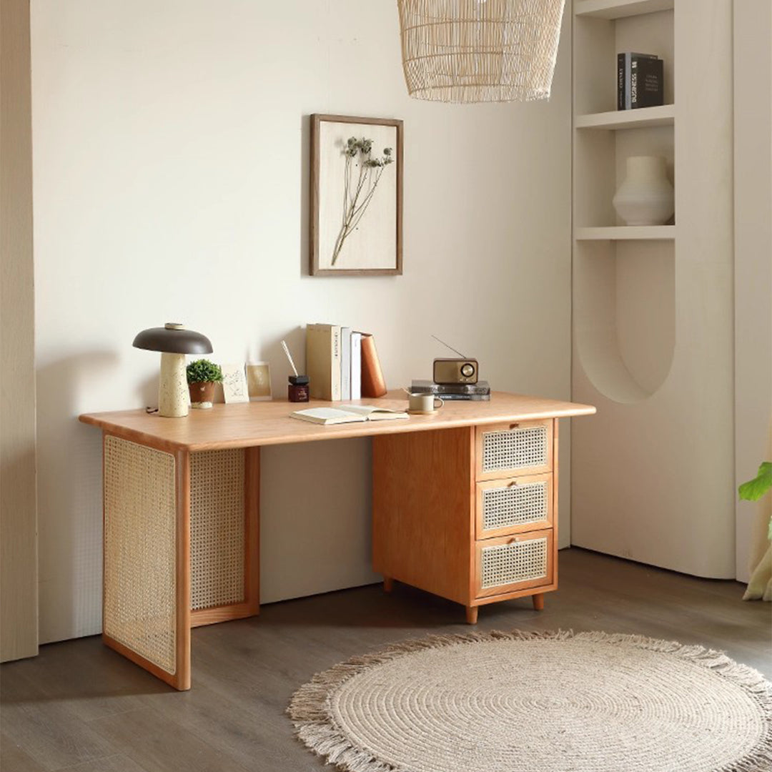 MAS-3314 Masdio Solid Ash Wood Rattan Study Table